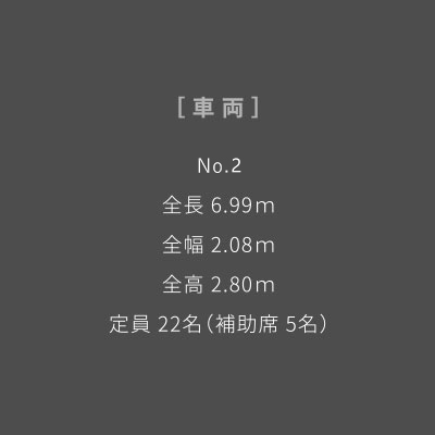 車両｜No.7、全長 6.99ｍ、全幅 2.08ｍ、全高 2.80ｍ、定員 22名（補助席 5名）